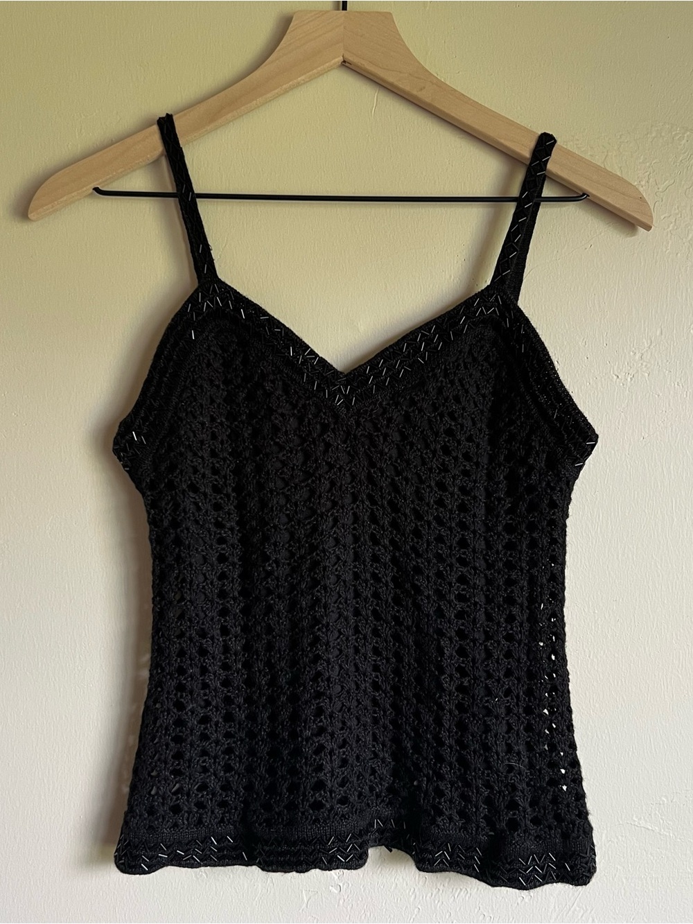 Black Beaded Y2K Crochet Spaghetti Strap Tank Top